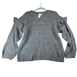 Old Navy Womens Gray Knit Sweater Ruffle Long Sleeve  Large Cozy Cottagecore‎